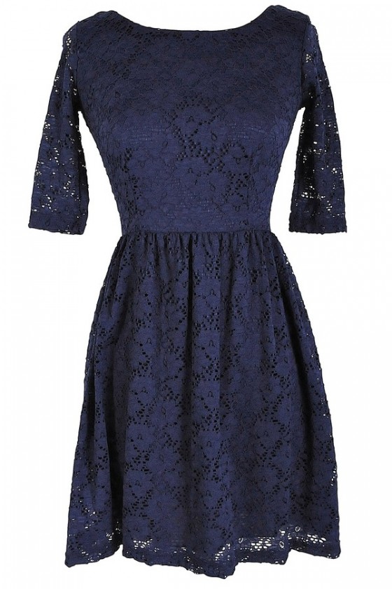 Three quarter sleeve chiffon overlay navy lace dress outlet